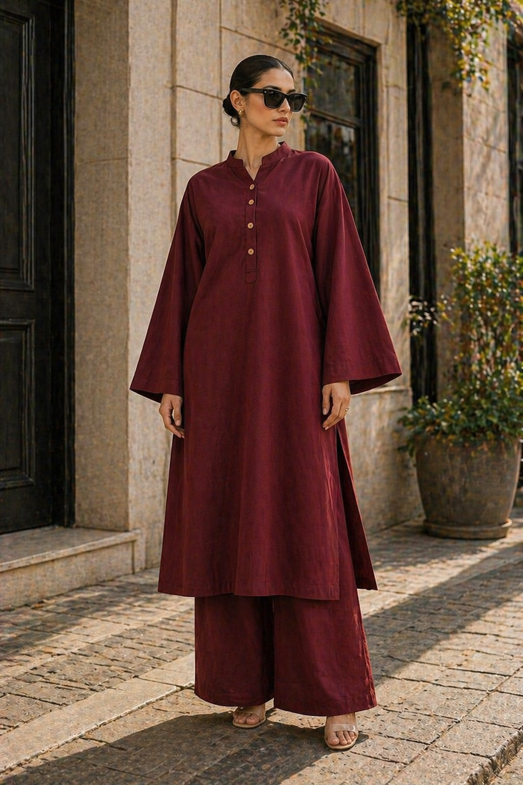 Elegant Women – Soft Power Cherry Wood Maroon 2PC Premium Cotton Set (RTW | Summer Drop 05)