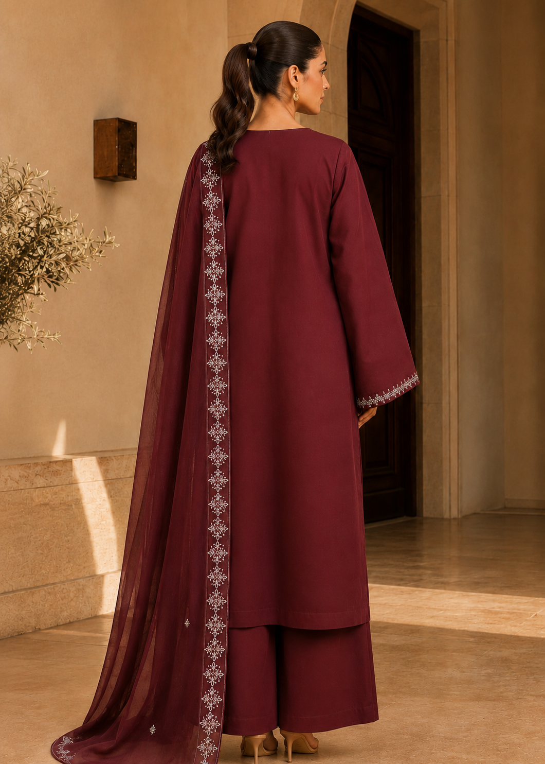 Mahira – Garnet Wine l RTW I 3PC-Embroided I Drop07)