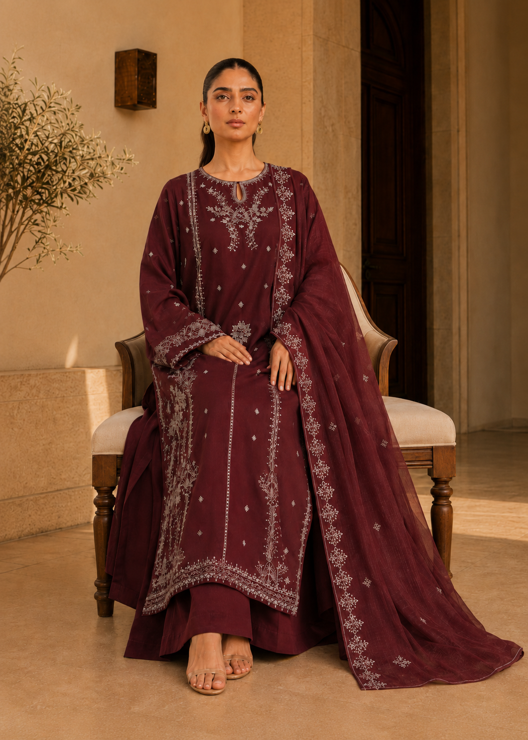 Mahira – Garnet Wine l RTW I 3PC-Embroided I Drop07)