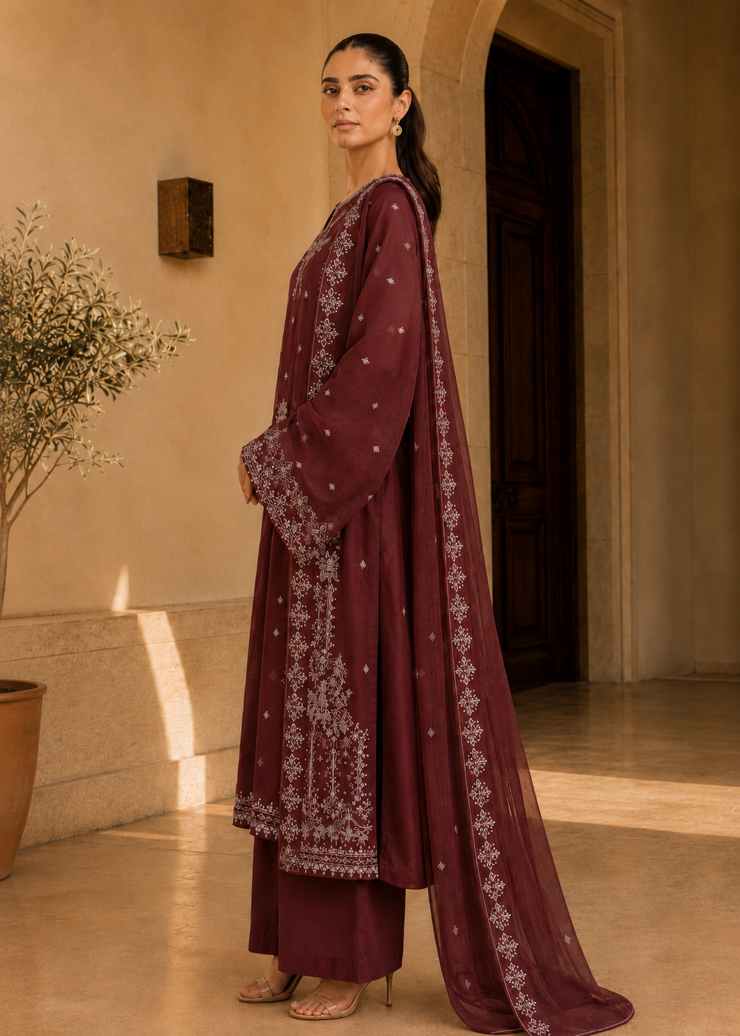 Mahira – Garnet Wine l RTW I 3PC-Embroided I Drop07)
