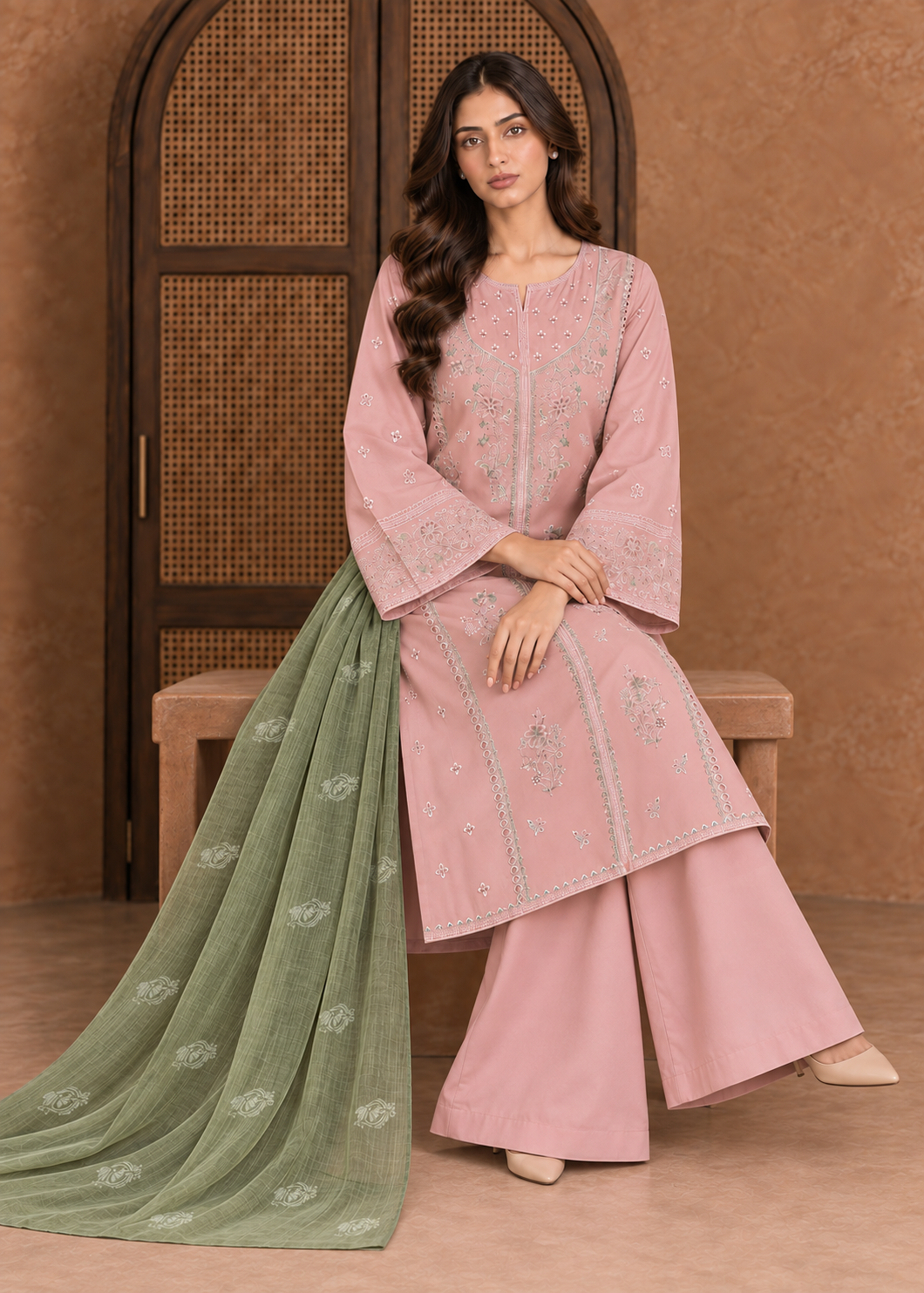 Roselle ready to wear suit with dupatta, sitting pose

