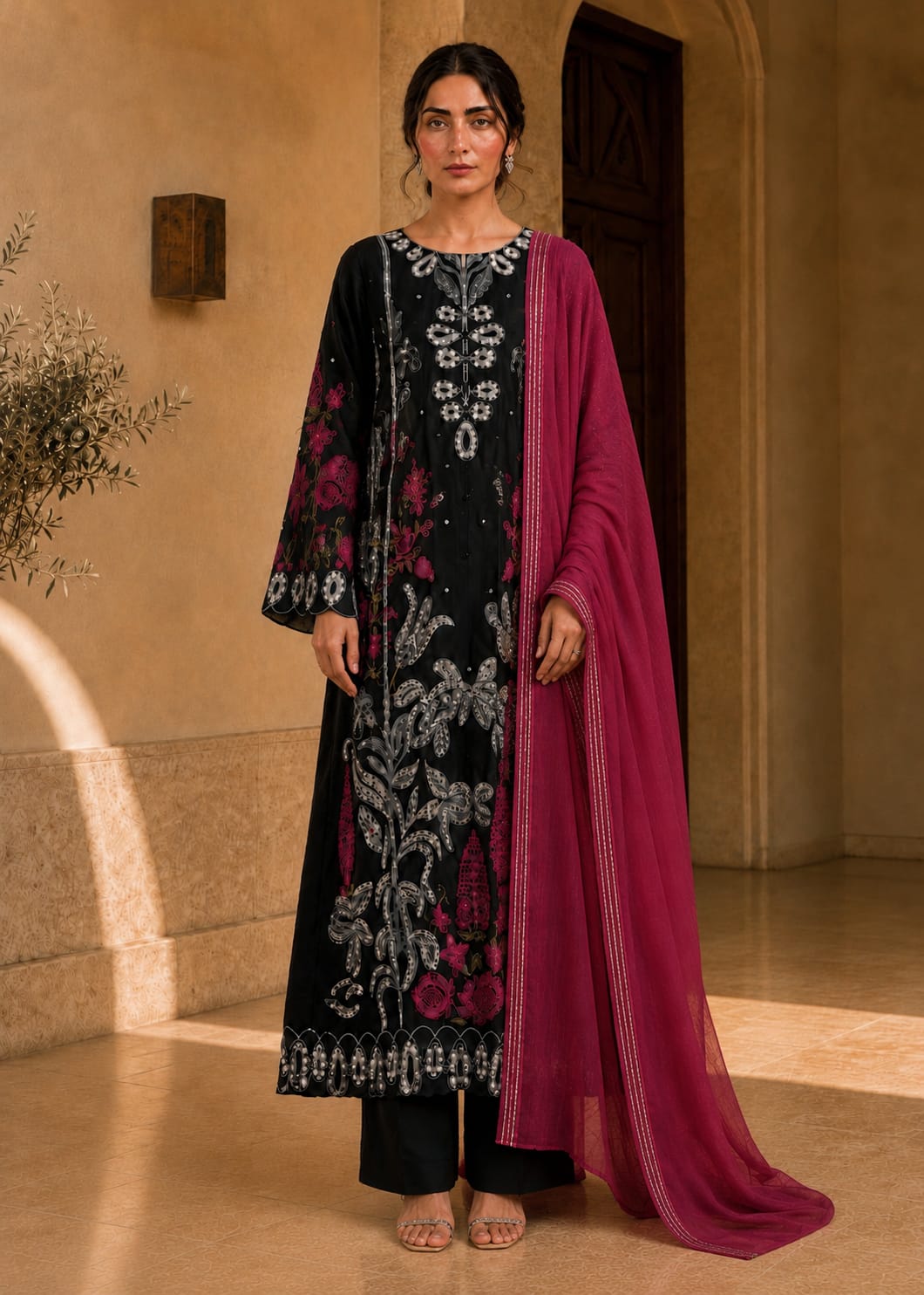 Mehrunisa – Noir Fuchsia l RTW I 3PC-Embroidered I Drop07)